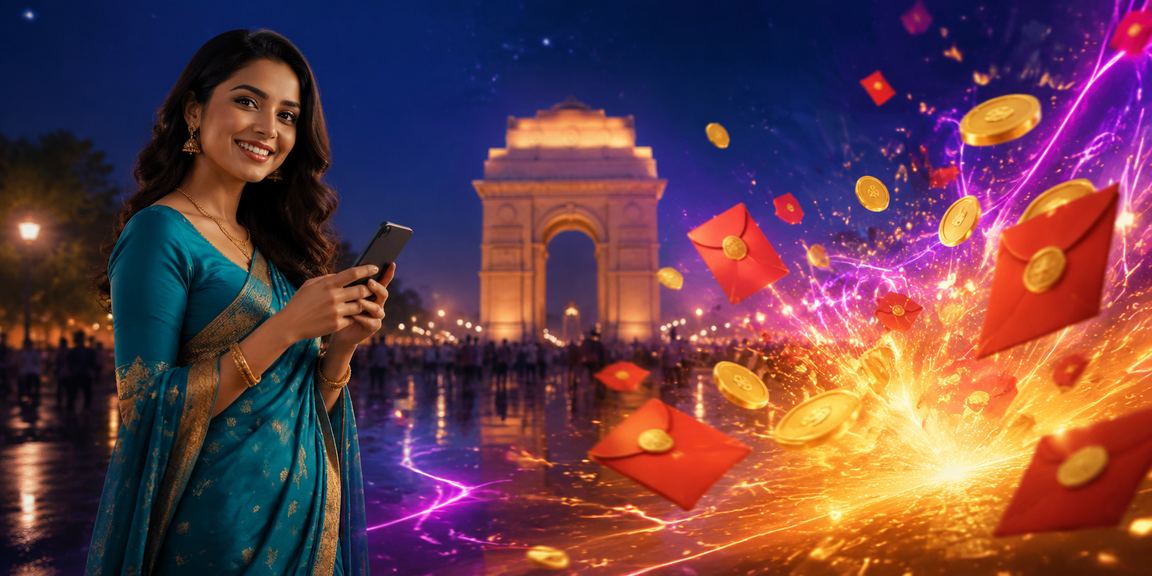 Festive lottery celebration with red envelopes in Delhi near India Gate